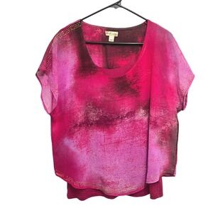 Y2K Pink Sheer Mesh Rhinestone Overlay Top L Fairy Grunge Glam Going Out